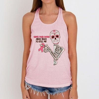 Funny Halloween Check Your Boobs Mine Tired To Kill Me Breast Cancer Awareness Women's Knotted Racerback Tank