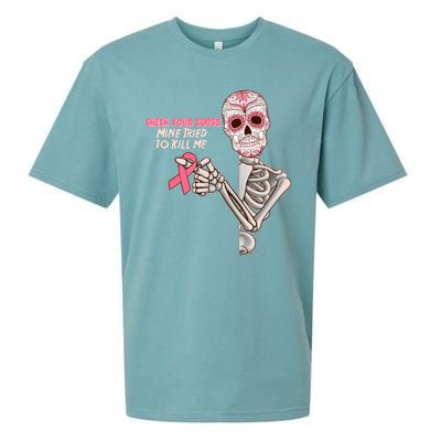 Funny Halloween Check Your Boobs Mine Tired To Kill Me Breast Cancer Awareness Sueded Cloud Jersey T-Shirt