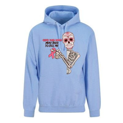 Funny Halloween Check Your Boobs Mine Tired To Kill Me Breast Cancer Awareness Unisex Surf Hoodie