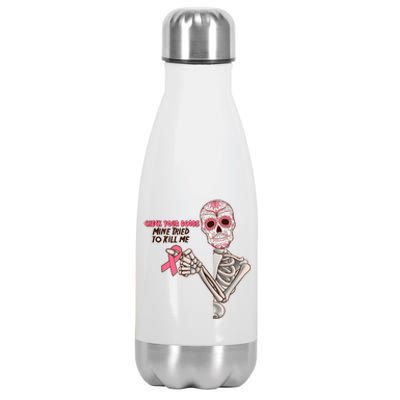 Funny Halloween Check Your Boobs Mine Tired To Kill Me Breast Cancer Awareness Stainless Steel Insulated Water Bottle