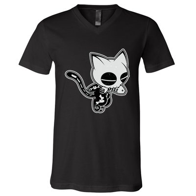 Funny Halloween Cute Ghost Skelekat V-Neck T-Shirt