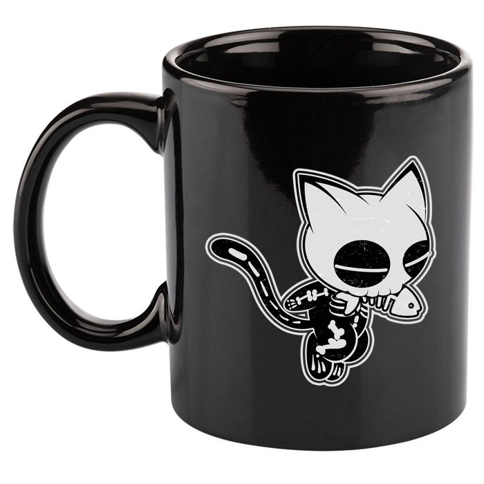 Funny Halloween Cute Ghost Skelekat 11oz C Handle Ceramic Mug