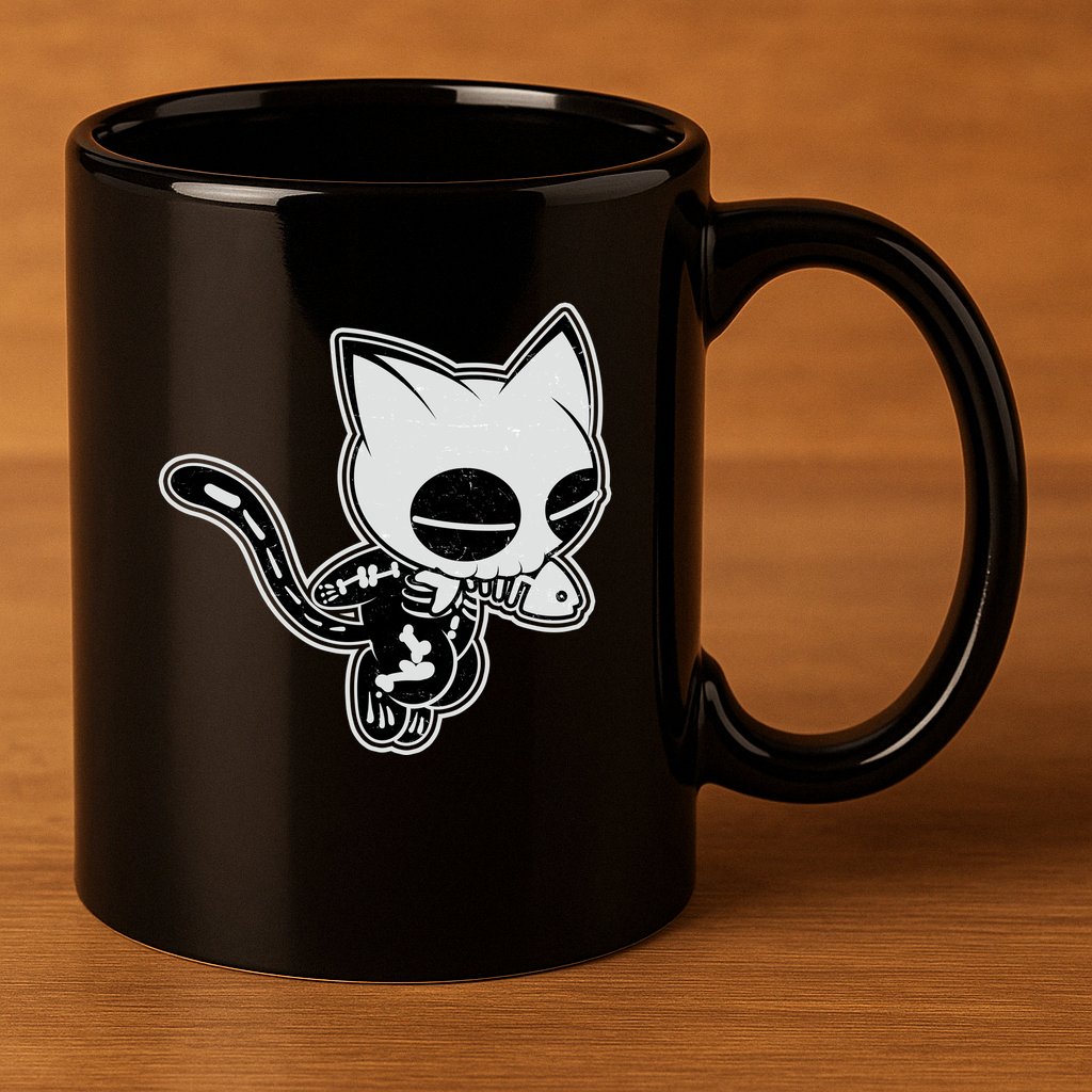 Funny Halloween Cute Ghost Skelekat 11oz C Handle Ceramic Mug