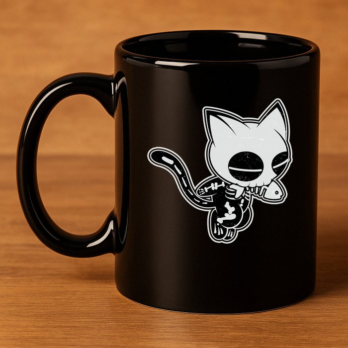 Funny Halloween Cute Ghost Skelekat 11oz C Handle Ceramic Mug