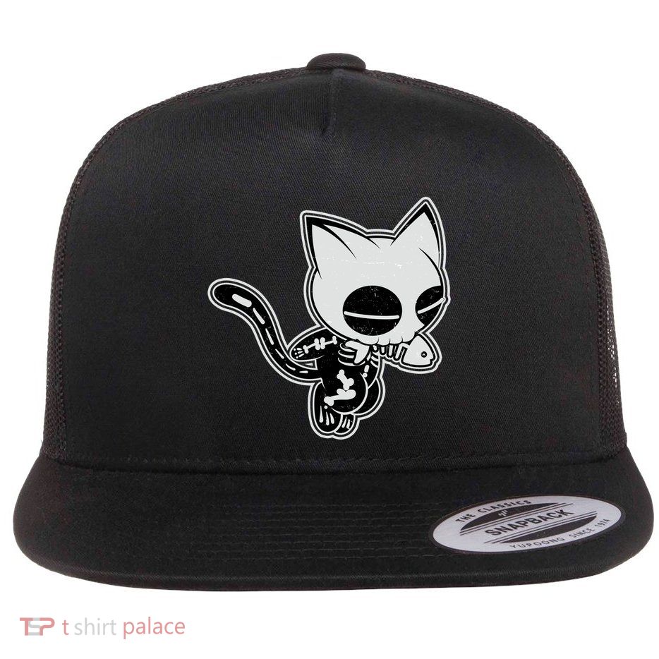 Funny Halloween Cute Ghost Skelekat Flat Bill Trucker Hat