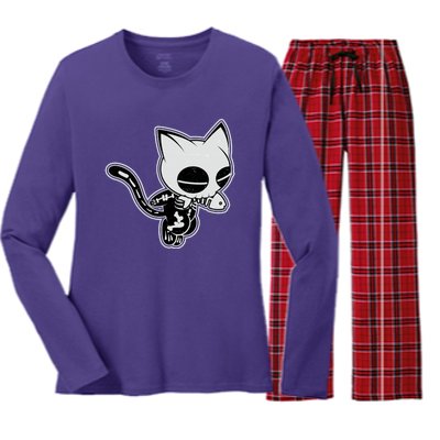 Funny Halloween Cute Ghost Skelekat Women's Long Sleeve Flannel Pajama Set 