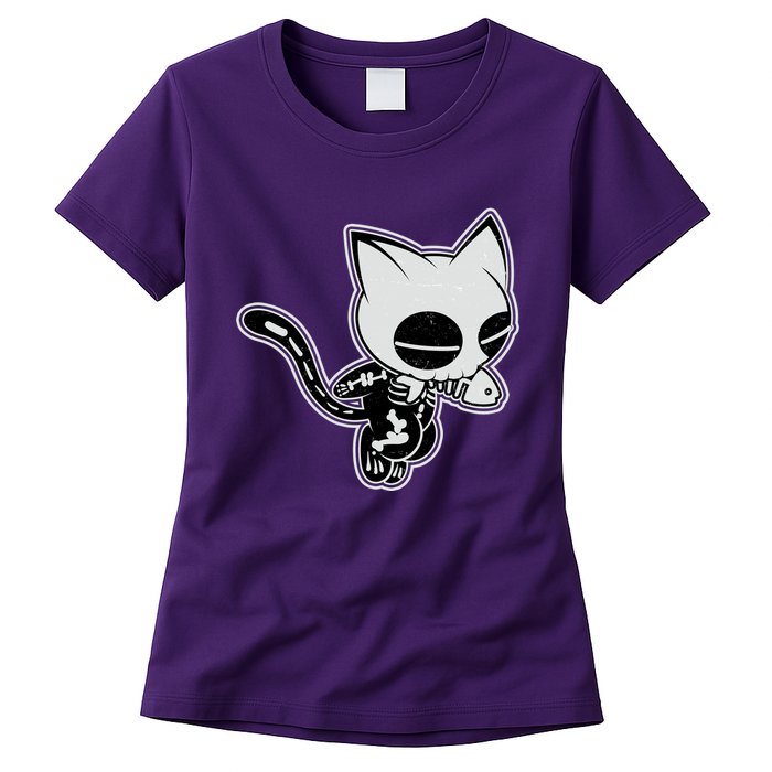 Funny Halloween Cute Ghost Skelekat Womens T-Shirt