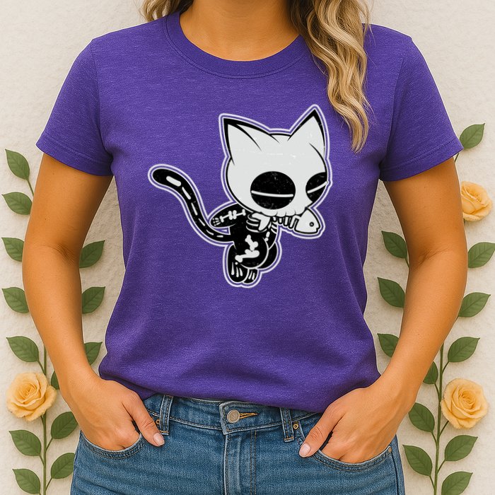 Funny Halloween Cute Ghost Skelekat Womens T-Shirt