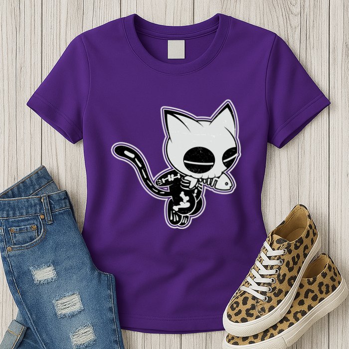Funny Halloween Cute Ghost Skelekat Womens T-Shirt
