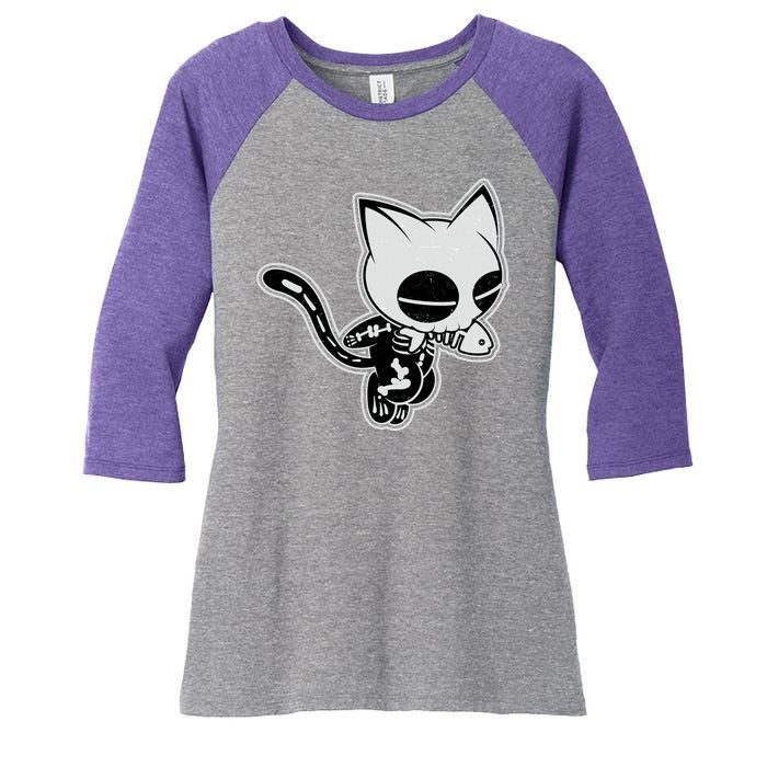 Funny Halloween Cute Ghost Skelekat Women's Tri-Blend 3/4-Sleeve Raglan Shirt