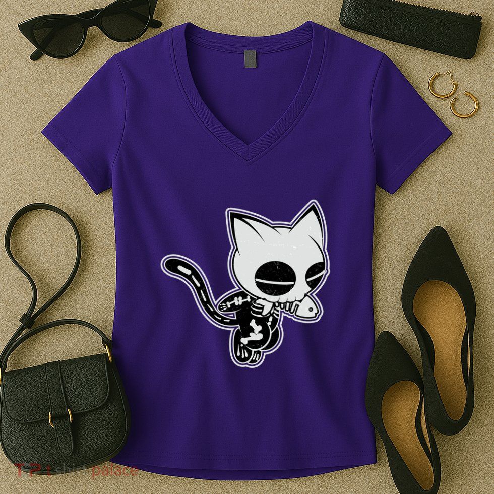 Funny Halloween Cute Ghost Skelekat Women's V-Neck T-Shirt