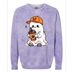 Funny Halloween Cute Little Ghost Drinking Coffee Spooky Season Gift Colorblast Crewneck Sweatshirt