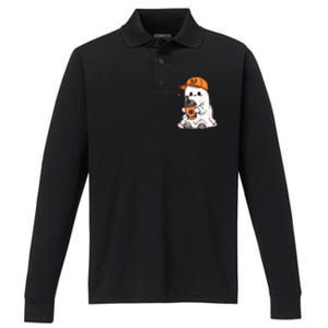 Funny Halloween Cute Little Ghost Drinking Coffee Spooky Season Gift Performance Long Sleeve Polo