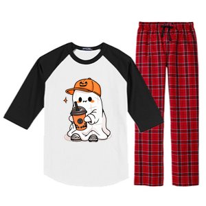 Funny Halloween Cute Little Ghost Drinking Coffee Spooky Season Gift Raglan Sleeve Pajama Set