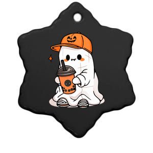 Funny Halloween Cute Little Ghost Drinking Coffee Spooky Season Gift Ceramic Star Ornament