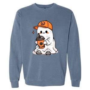 Funny Halloween Cute Little Ghost Drinking Coffee Spooky Season Gift Garment-Dyed Sweatshirt