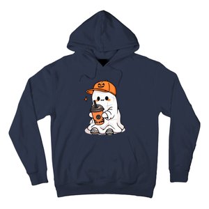 Funny Halloween Cute Little Ghost Drinking Coffee Spooky Season Gift Hoodie