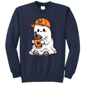 Funny Halloween Cute Little Ghost Drinking Coffee Spooky Season Gift Sweatshirt