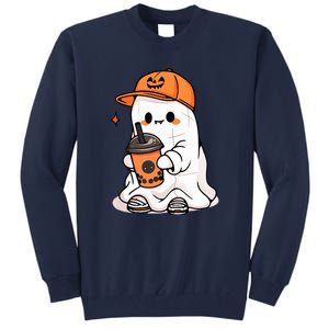 Funny Halloween Cute Little Ghost Drinking Coffee Spooky Season Gift Tall Sweatshirt