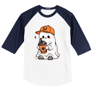 Funny Halloween Cute Little Ghost Drinking Coffee Spooky Season Gift Baseball Sleeve Shirt