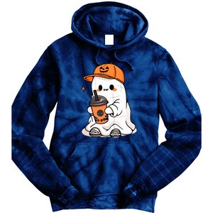 Funny Halloween Cute Little Ghost Drinking Coffee Spooky Season Gift Tie Dye Hoodie