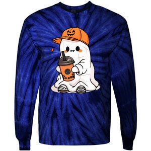 Funny Halloween Cute Little Ghost Drinking Coffee Spooky Season Gift Tie-Dye Long Sleeve Shirt