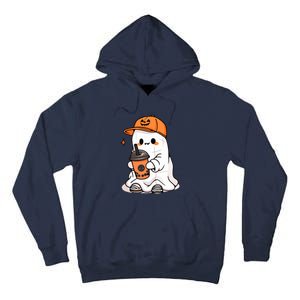 Funny Halloween Cute Little Ghost Drinking Coffee Spooky Season Gift Tall Hoodie