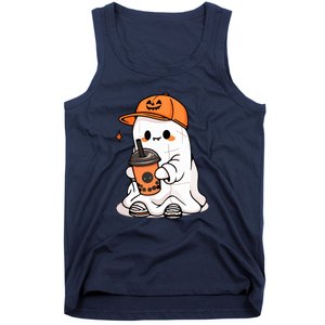 Funny Halloween Cute Little Ghost Drinking Coffee Spooky Season Gift Tank Top