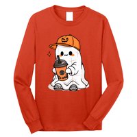 Funny Halloween Cute Little Ghost Drinking Coffee Spooky Season Gift Long Sleeve Shirt