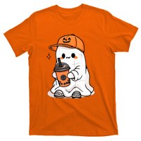 Funny Halloween Cute Little Ghost Drinking Coffee Spooky Season Gift T-Shirt