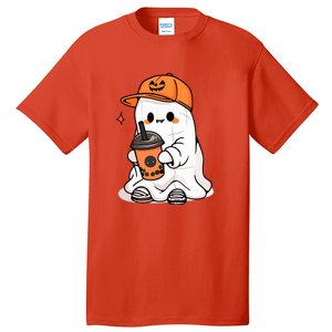 Funny Halloween Cute Little Ghost Drinking Coffee Spooky Season Gift Tall T-Shirt