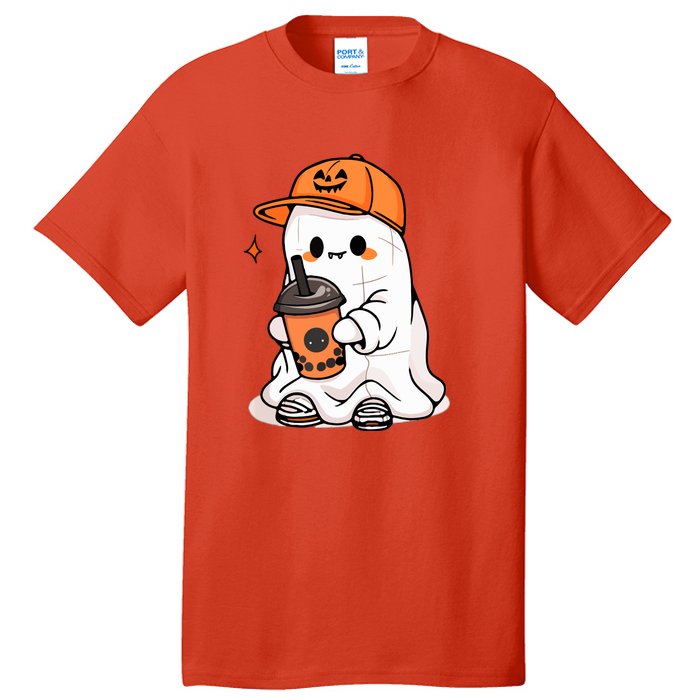 Funny Halloween Cute Little Ghost Drinking Coffee Spooky Season Gift Tall T-Shirt