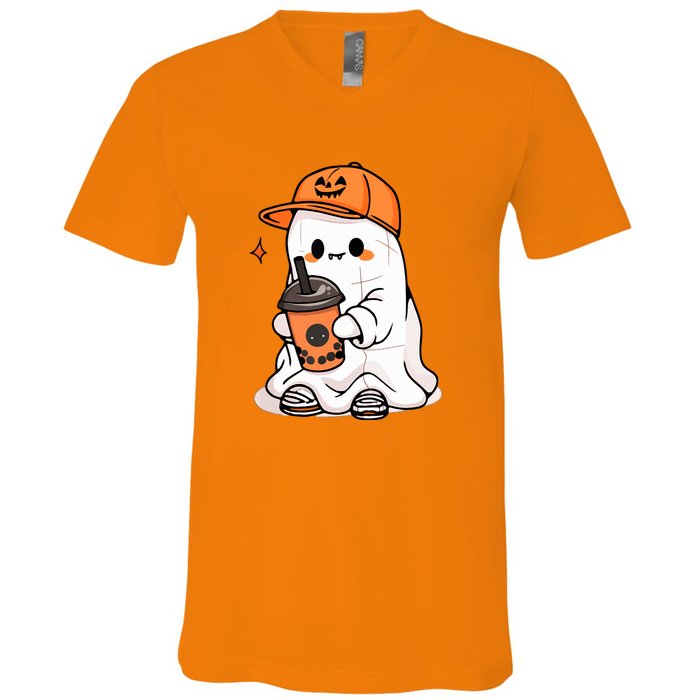 Funny Halloween Cute Little Ghost Drinking Coffee Spooky Season Gift V-Neck T-Shirt