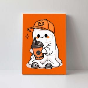 Funny Halloween Cute Little Ghost Drinking Coffee Spooky Season Gift Canvas