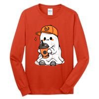 Funny Halloween Cute Little Ghost Drinking Coffee Spooky Season Gift Tall Long Sleeve T-Shirt