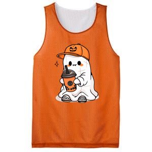 Funny Halloween Cute Little Ghost Drinking Coffee Spooky Season Gift Mesh Reversible Basketball Jersey Tank