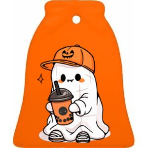 Funny Halloween Cute Little Ghost Drinking Coffee Spooky Season Gift Ceramic Bell Ornament