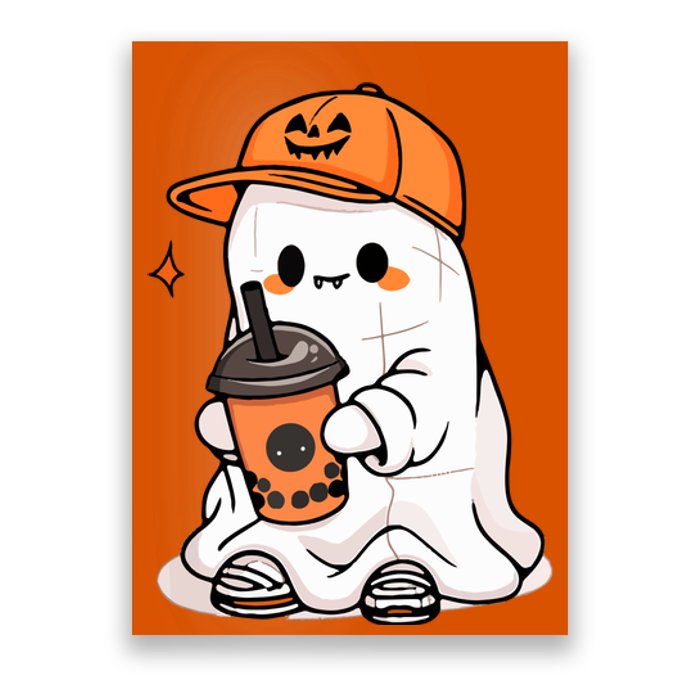 Funny Halloween Cute Little Ghost Drinking Coffee Spooky Season Gift Poster