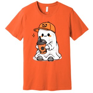 Funny Halloween Cute Little Ghost Drinking Coffee Spooky Season Gift Premium T-Shirt