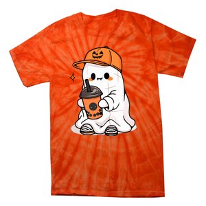 Funny Halloween Cute Little Ghost Drinking Coffee Spooky Season Gift Tie-Dye T-Shirt