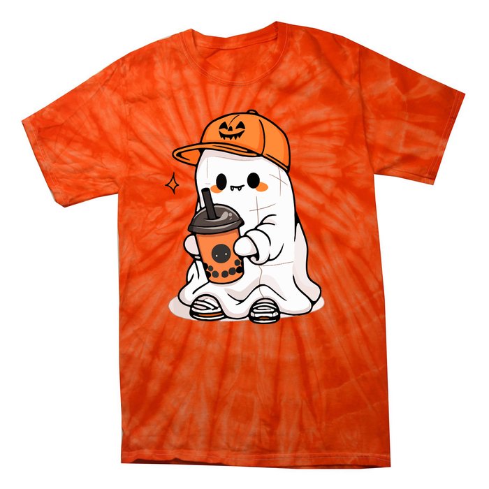 Funny Halloween Cute Little Ghost Drinking Coffee Spooky Season Gift Tie-Dye T-Shirt