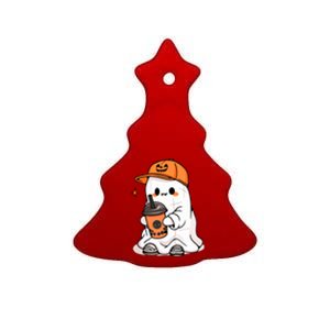 Funny Halloween Cute Little Ghost Drinking Coffee Spooky Season Gift Ceramic Tree Ornament