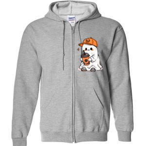 Funny Halloween Cute Little Ghost Drinking Coffee Spooky Season Gift Full Zip Hoodie