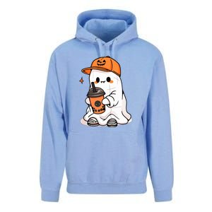 Funny Halloween Cute Little Ghost Drinking Coffee Spooky Season Gift Unisex Surf Hoodie