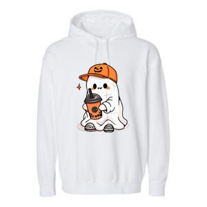 Funny Halloween Cute Little Ghost Drinking Coffee Spooky Season Gift Garment-Dyed Fleece Hoodie