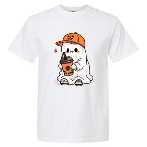 Funny Halloween Cute Little Ghost Drinking Coffee Spooky Season Gift Garment-Dyed Heavyweight T-Shirt