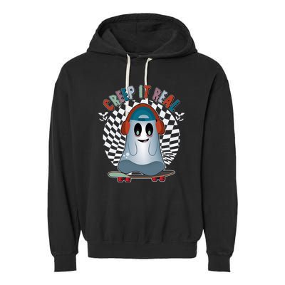 Funny Halloween Creep It Real Skateboarding Ghost Garment-Dyed Fleece Hoodie