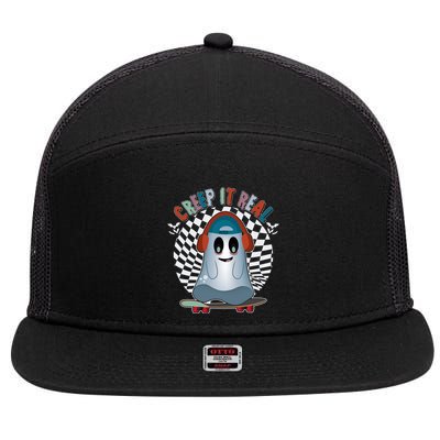 Funny Halloween Creep It Real Skateboarding Ghost 7 Panel Mesh Trucker Snapback Hat