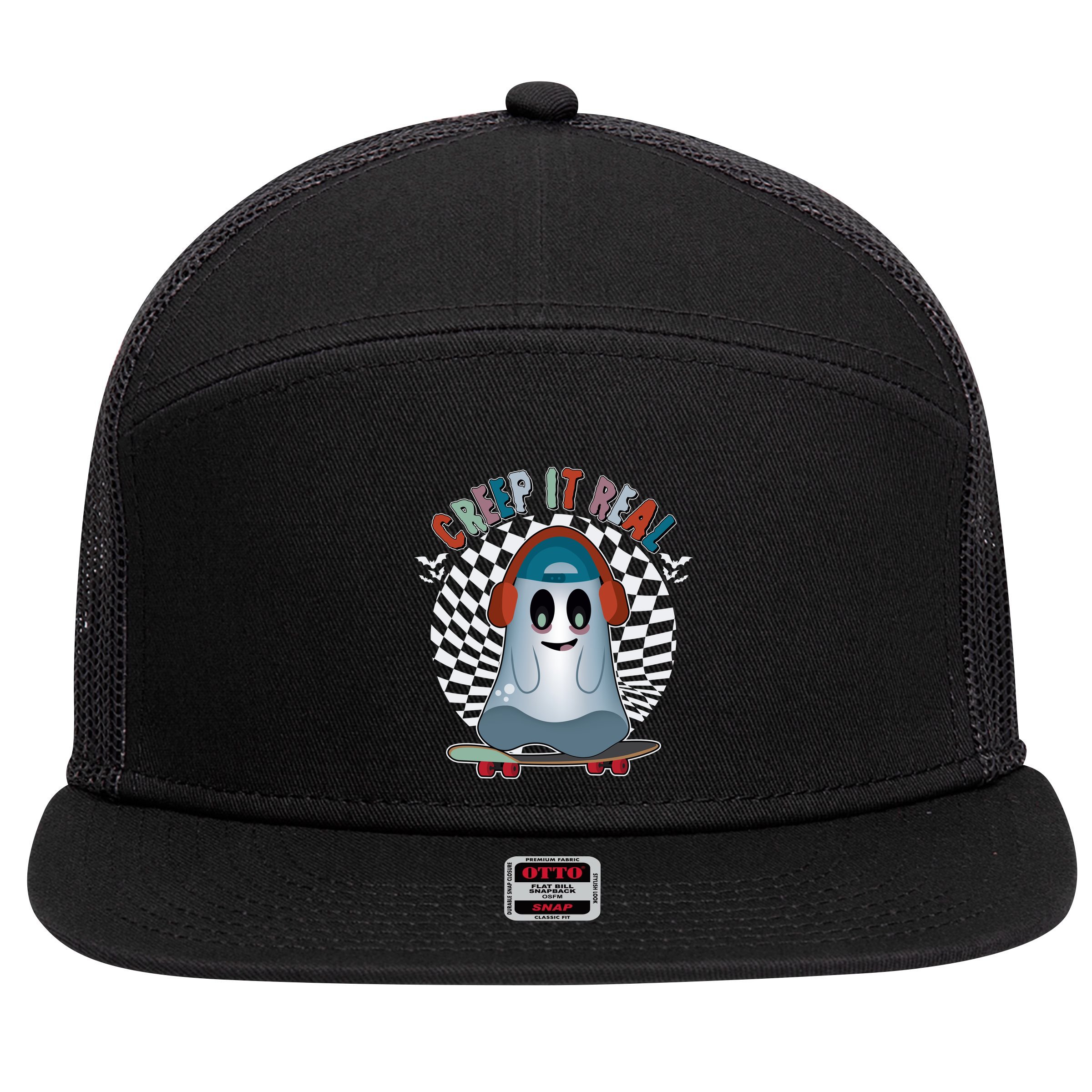 Funny Halloween Creep It Real Skateboarding Ghost 7 Panel Mesh Trucker Snapback Hat