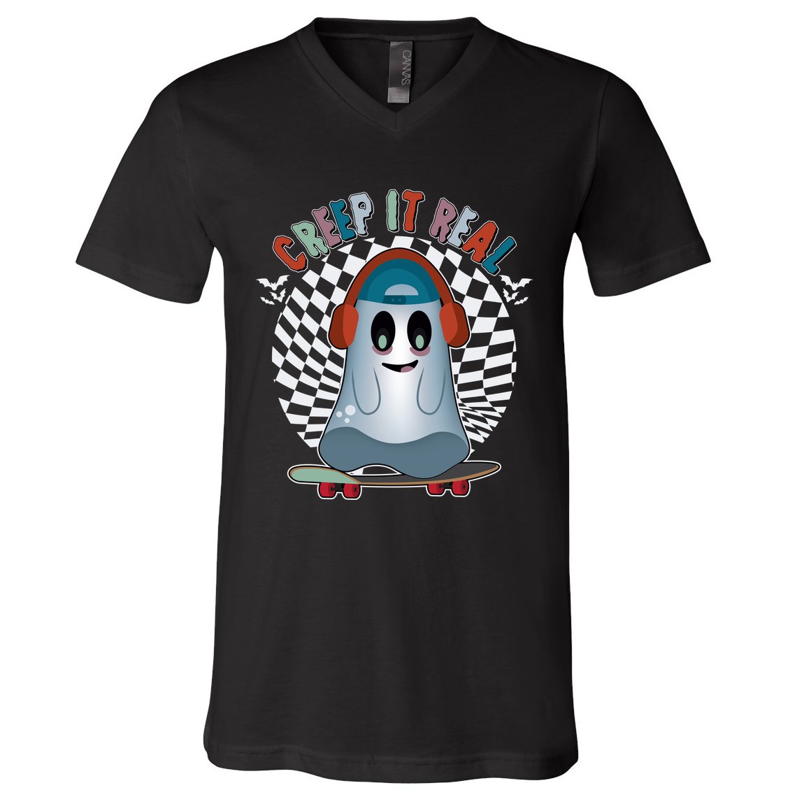 Funny Halloween Creep It Real Skateboarding Ghost V-Neck T-Shirt